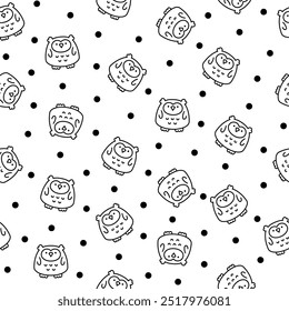 Cute kawaii owl. Seamless pattern. Coloring Page. Cartoon funny wild animals character. Hand drawn style. Vector drawing. Design ornaments.