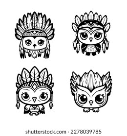 cute kawaii owl wearing indian chief accessories collection set hand drawn illustration