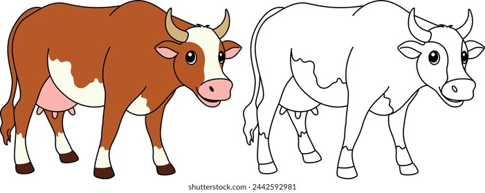 Cute kawaii ox cartoon character coloring page isolated on white background vector illustration