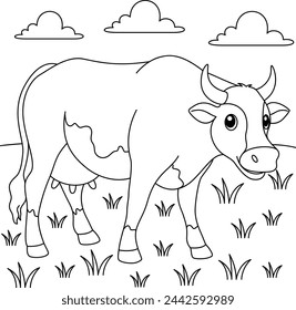 Cute kawaii ox cartoon character coloring page on the meadow background vector illustration