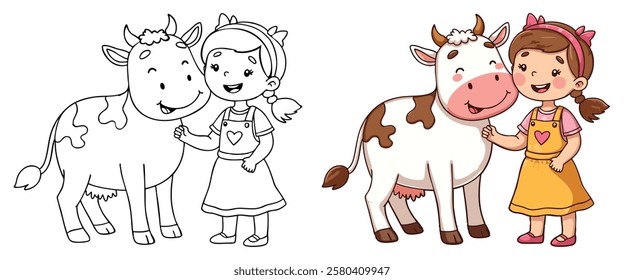 Cute Kawaii Ox or Cow and Girl line art with fill-colored sample Printable. Isolated on White Background Outline Vector Illustration. Bold and Easy Farm and Domestic Animal Coloring Page