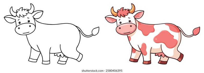 Cute Kawaii Ox or Cow line art with fill-colored sample Printable. Isolated on White Background Outline Vector Illustration. Bold and Easy Farm and Domestic Animal Coloring Page for Adults and Kids