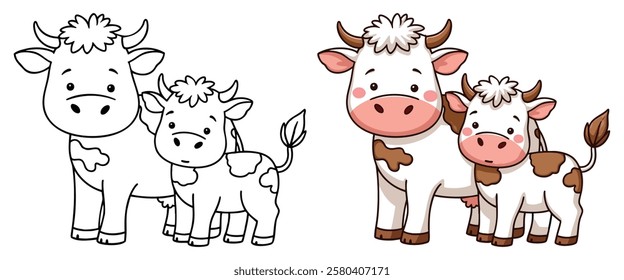 Cute Kawaii Ox or Cow line art with fill-colored sample Printable. Isolated on White Background Outline Vector Illustration. Bold and Easy Farm and Domestic Animal Coloring Page for Adults and Kids