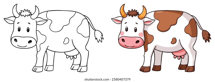 Cute Kawaii Ox or Cow line art with fill-colored sample Printable. Isolated on White Background Outline Vector Illustration. Bold and Easy Farm and Domestic Animal Coloring Page for Adults and Kids