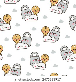 Cute kawaii padlock and key. Seamless pattern. Couple cartoon character. Hand drawn style. Vector drawing. Design ornaments.