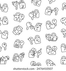 Cute kawaii padlock and key. Seamless pattern. Coloring Page. Couple cartoon character. Hand drawn style. Vector drawing. Design ornaments.