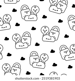 Cute kawaii padlock and key. Seamless pattern. Coloring Page. Couple cartoon character. Hand drawn style. Vector drawing. Design ornaments.