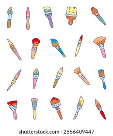 Cute kawaii paintbrush set with various adorable cartoon characters in different shapes and sizes, featuring unique expressions and fun painting tools for yours creative project