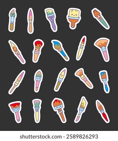 Cute kawaii paintbrush set with various adorable cartoon characters in different shapes and sizes, featuring unique expressions and fun painting tools for yours creative project