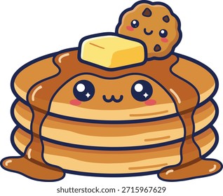 A cute kawaii pancake stack with maple syrup and a smiling chocolate chip cookie. Professional flat vector illustration for stickers, menus, and breakfast branding.
