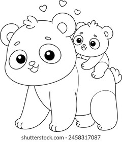 Cute kawaii panda and baby cartoon character coloring page vector illustration. Wild animal, mothers day colouring page for kids