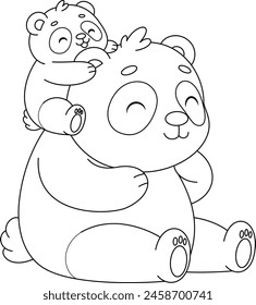 Cute kawaii panda and baby cartoon character coloring page vector illustration. Wild animal, mothers day colouring page for kids