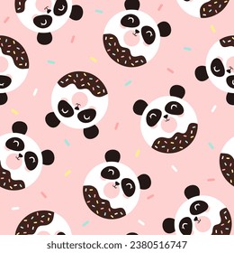 Cute kawaii panda bear dessert pattern. Seamless Cartoon panda donuts for nursery wrapping paper fabric and textile print. Vector illustration.