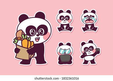 Cute and Kawaii Panda Bear (sitting, shopping, working, taking selfie, crying) Illustration Set