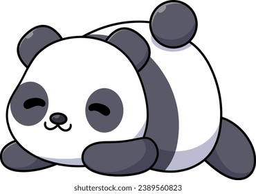 Un lindo personaje de caricatura kawaii panda sonriendo y tirado en el suelo con los ojos cerrados en un fondo blanco