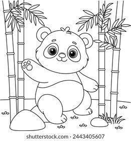 Cute kawaii panda cartoon character in the bamboo forest background coloring page vector illustration