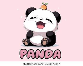 Cute kawaii panda character with orange fruit on head – Happy baby animal cartoon illustration for kids, nursery, t-shirt, and stickers. 