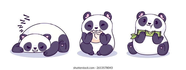 Cute kawaii panda characters set isolated on white background. Vector cartoon illustration of funny lazy baby bear sleeping, eating asian food, chewing bamboo stick, comic chinese animal, zoo mascot