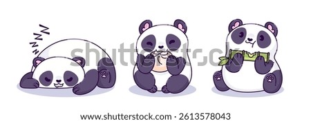 Cute kawaii panda characters set isolated on white background. Vector cartoon illustration of funny lazy baby bear sleeping, eating asian food, chewing bamboo stick, comic chinese animal, zoo mascot