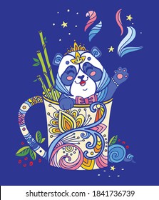 Cute kawaii panda en una taza. Ilustración antiestrés para adultos con animales en forma de maraña aislados en fondo azul. Ilustración vectorial colorida para impresión, diseño, estampado de camisetas, tatuaje, logotipo. Zendoodle