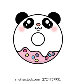 Ilustração do vetor de donut panda kawaii bonito. Adorável desenho animado rosto animal em um anel de massa doce. Personagem de sobremesa engraçada com glacê rosa e polvilhos isolados no fundo branco.
