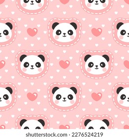 Cute kawaii panda face en una textura de punto de polka con corazones rosados, niños con un patrón inestable de impresión vectorial