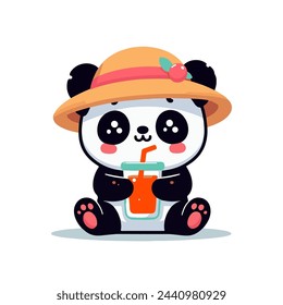 Cute kawaii panda in hat sitting and drink juice. Vector illustration. Isolated on white.