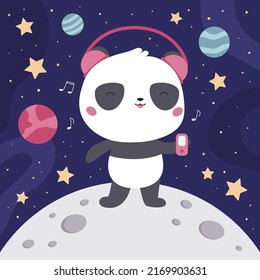 Cute kawaii panda with headphones and music player. Cartoon space background with planets, stars and moon. Flat style vector illustration.
