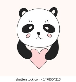 Cute kawaii panda with a pink heart. Flat illustration. Greeting card.