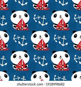 Cute Kawaii panda with sailing boats and anchors. Seamless vector pattern background. Cartoon bears holding red yachts surrounded by sailing tools on navy blue backdrop. Fun nautical travel repeat
