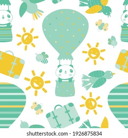 Cute Kawaii panda travelling in hot air balloons seamless vector pattern background. Blue yellow backdrop with cartoon bears., suitcases, sun, butterflies, birds, bees. Animal summer travel concept