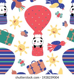 Cute Kawaii panda travelling in hot air balloons seamless vector pattern background. Bright multicolor backdrop with cartoon bears., suitcases, sun, butterflies, birds, bees. Summer travel repeat