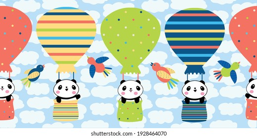 Cute Kawaii panda travelling in hot air balloons seamless vector border. Bright multicolor banner with cartoon bears and birds against fluffy clouds in the sky. Summer travel concept for edging, trim