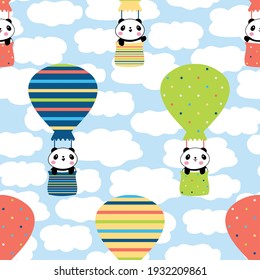 Cute Kawaii panda travelling in hot air balloons seamless vector pattern background. Bright multicolor backdrop with cartoon bears flying in a blue sky with fluffy clouds. Summer travel repeat