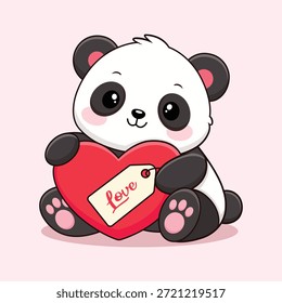 Cute Kawaii Panda Vector Holding Red Heart with Love Tag for Valentine Day Greeting Card