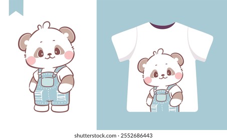 Lindo panda kawaii usa pantalones vaqueros azules ilustración de diseños de camisetas