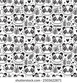 Cute kawaii pandas' faces. Seamless vector pattern with pandas, leaves, hearts and kawaii elements. 