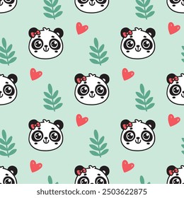 Cute kawaii pandas' faces. Seamless vector pattern with pandas, leaves, hearts and kawaii elements. 