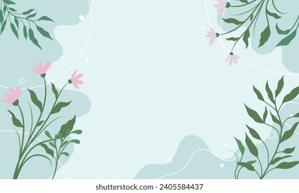 Cute kawaii pastel blue abstract background with flowers and leaves