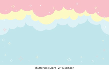 Cute kawaii pastel cloudy sky with glittering stars banner background