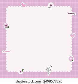 Cute kawaii pastel notebook and memo pad grid background with kawaii stickers