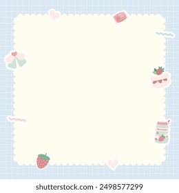 Cuaderno pastel kawaii lindo y fondo de cuadrícula de bloc de notas con pegatinas kawaii