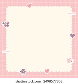 Cute kawaii pastel notebook and memo pad grid background with kawaii stickers