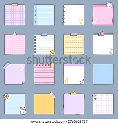Cute kawaii pastel sticky note memo pad collection with animal characters on blue gray background vector Illustration