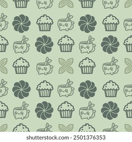 Cute kawaii pattern with cupcakes, tea cups, and flowers in pastel green. Seamless vector design for fabric or wallpaper.