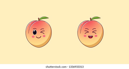 Cute Kawaii Peach, Cartoon Ripe Fruit. Vector illustration of Cartoon Honeyed Peach with Winking and Laughing Face, Funny Emoji. Juicy Sweet Sticker. Print for T-shirt. Friendly Character