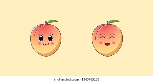 Cute Kawaii Peach, Cartoon Ripe Fruit. Vector illustration of Cartoon Honeyed Peach with Charming and Cheerful Face, Funny Emoji. Juicy Sweet Sticker. Print for T-shirt. Friendly Character