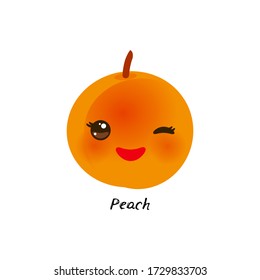 cute Kawaii peach with eyes and pink cheeks, isolated on white background trend of the season. Can be used for cards for children learning words, food packaging. Vector