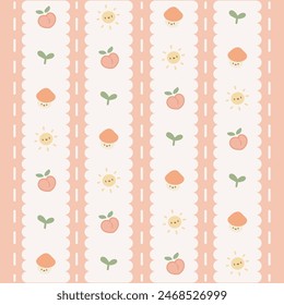 Cute Kawaii Peach and Mushroom Pattern with Orange Background