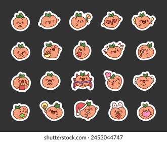 Cute kawaii peach with a smile. Sticker Bookmark. Cartoon character. Hand drawn style. Vector drawing. Collection of design elements.